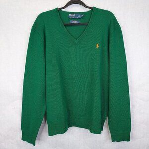 Polo Ralph Lauren Sweater Men's L Green 100% Lambs Wool Knit V-Neck Pony Preppy